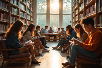 Groupe diversifié dans une bibliothèque lumineuse