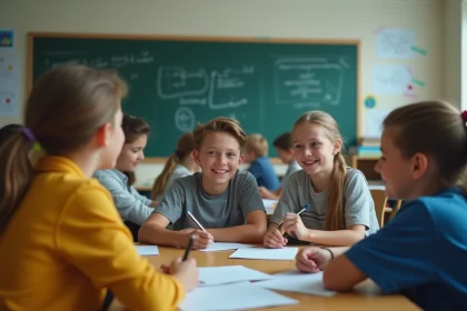 Groupe d'élèves de collège en discussion en classe