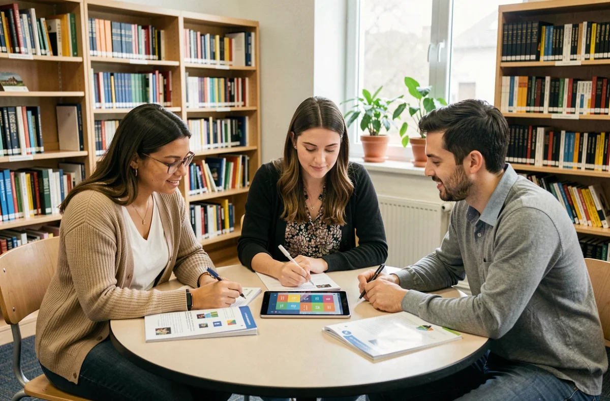 Groupe d'enseignants débutants collaborant autour d'une tablette et de guides pédagogiques pour découvrir Classe Uliss dans une bibliothèque scolaire
