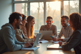 Groupe de jeunes adultes collaborant en classe pour un projet de communication
