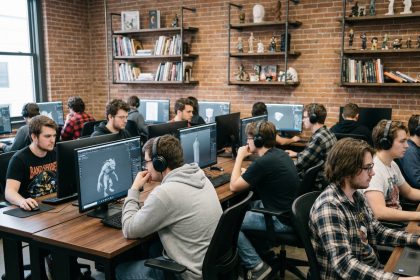 Groupe de jeunes adultes créant de l'art numérique en classe moderne