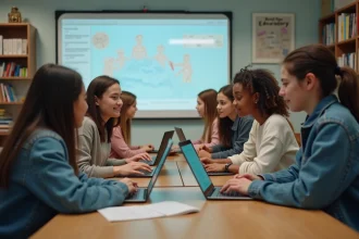 Groupe de lycéens utilisant une interface AI en classe moderne