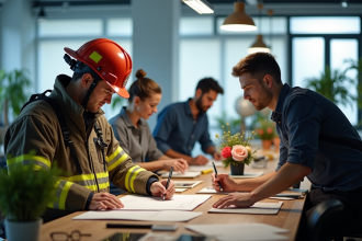 Groupe de professionnels variés en action dans un espace moderne