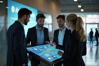 Groupe de professionnels autour d'un kiosque numérique à Amiens