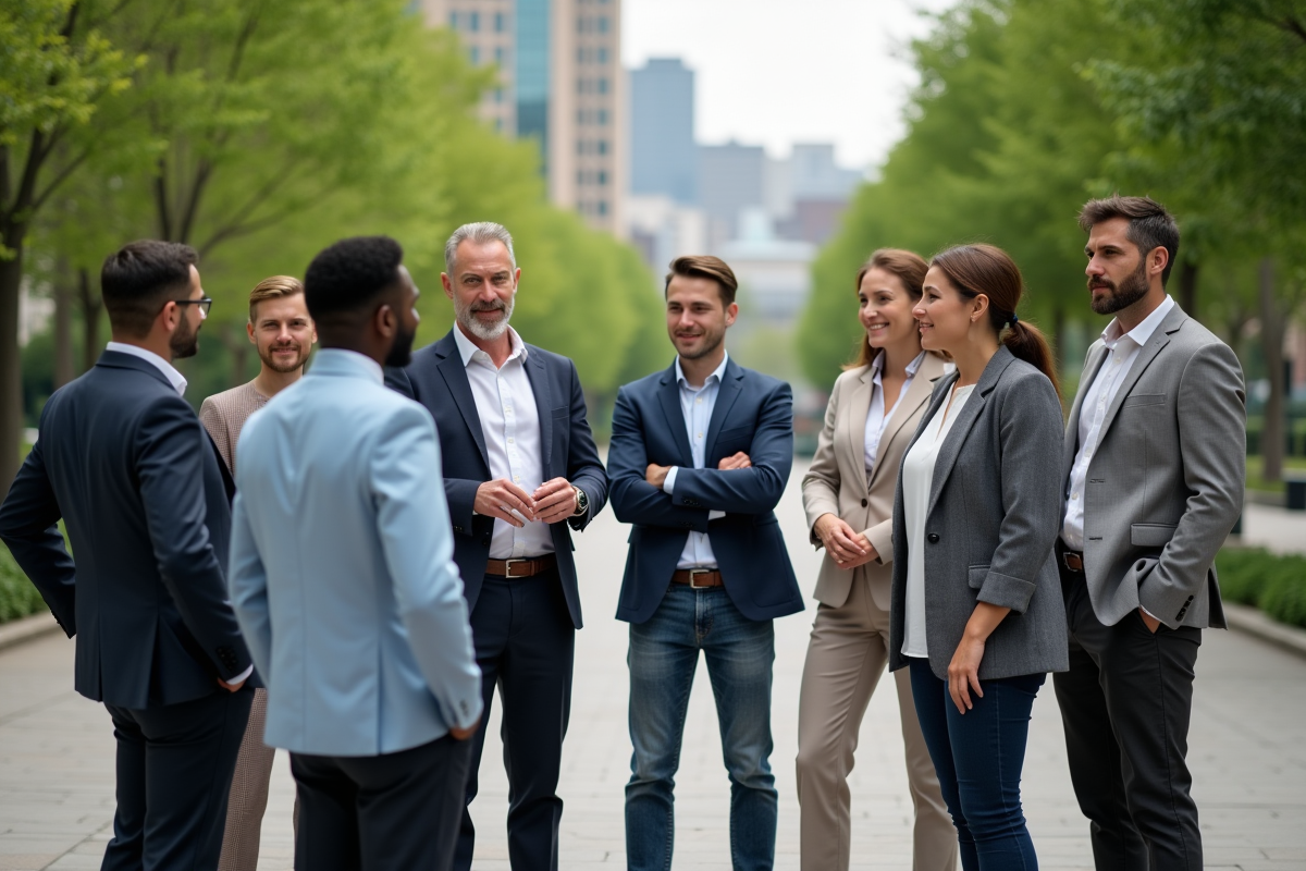 Groupe de professionnels discutant dans un parc urbain