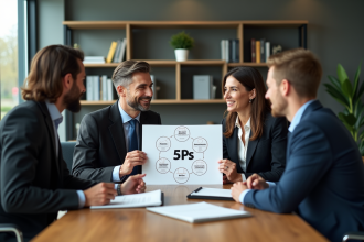 Groupe de professionnels discutant autour d'une table avec graphique 5Ps