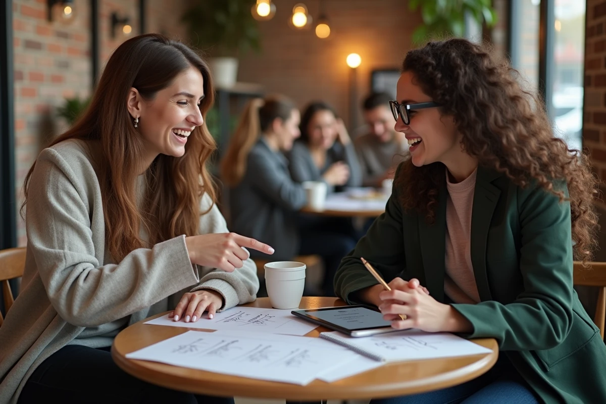Deux femmes révisant ensemble les erreurs fréquentes du concours Docs Solus autour d'un café