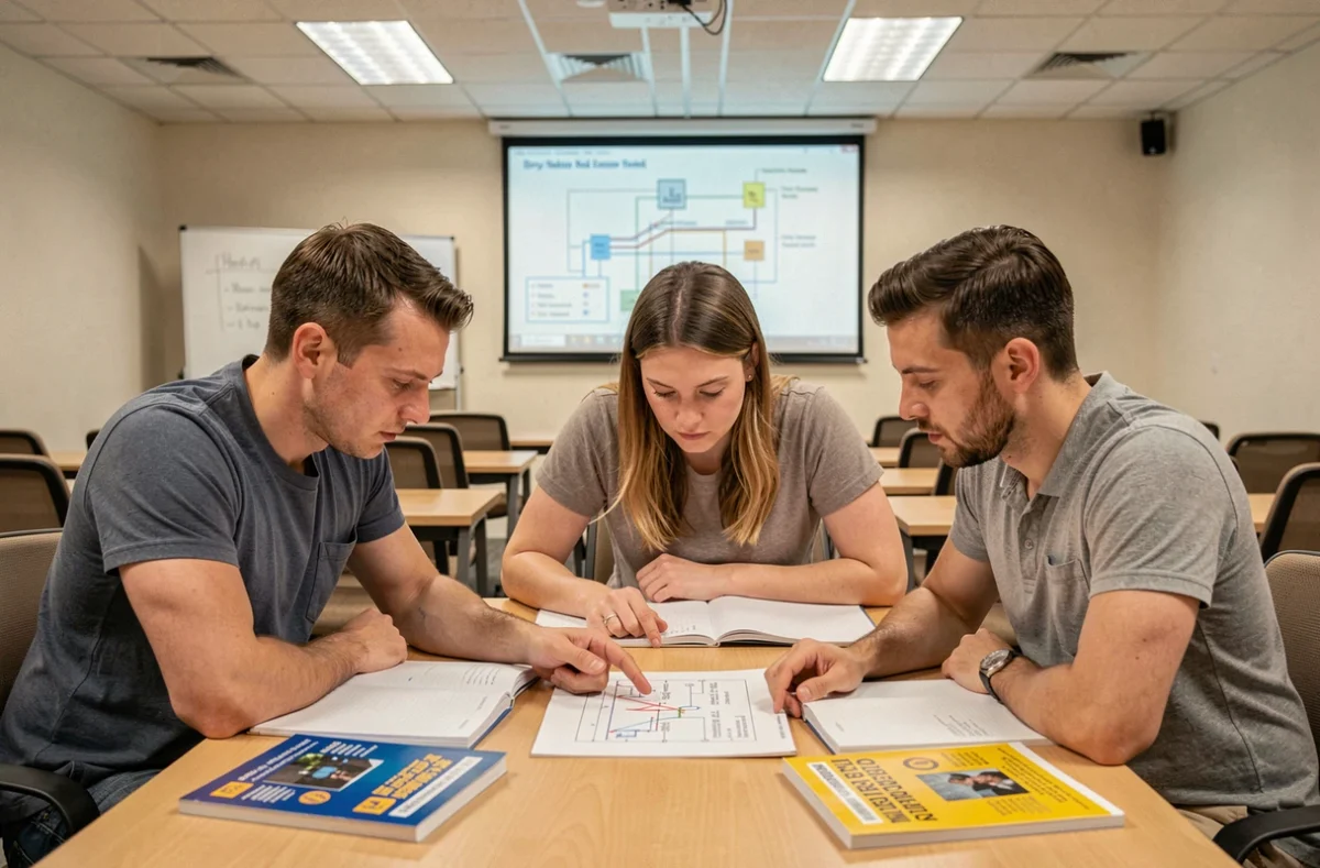 Groupe de stagiaires en formation habilitation électrique étudiant des schémas de sécurité électrique en salle de cours