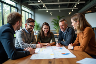 Groupe divers d'adultes collaborant autour d'une table moderne