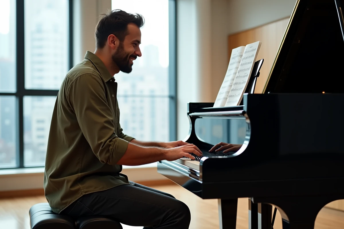 Homme adulte jouant des chansons pop sur un piano à queue dans une salle de cours de musique urbaine