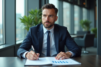 Homme d'affaires en costume bleu dans un bureau moderne
