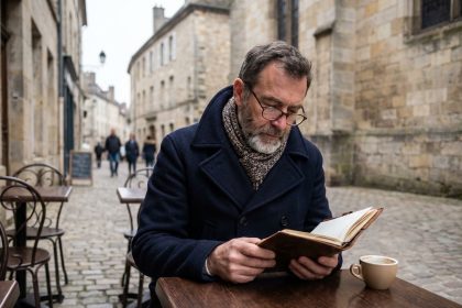Homme d'âge moyen dans un café à Langres avec notes manuscrites