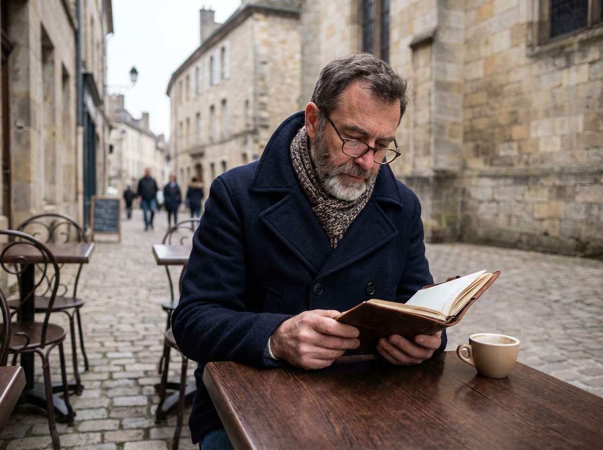 Homme d'âge moyen dans un café à Langres avec notes manuscrites
