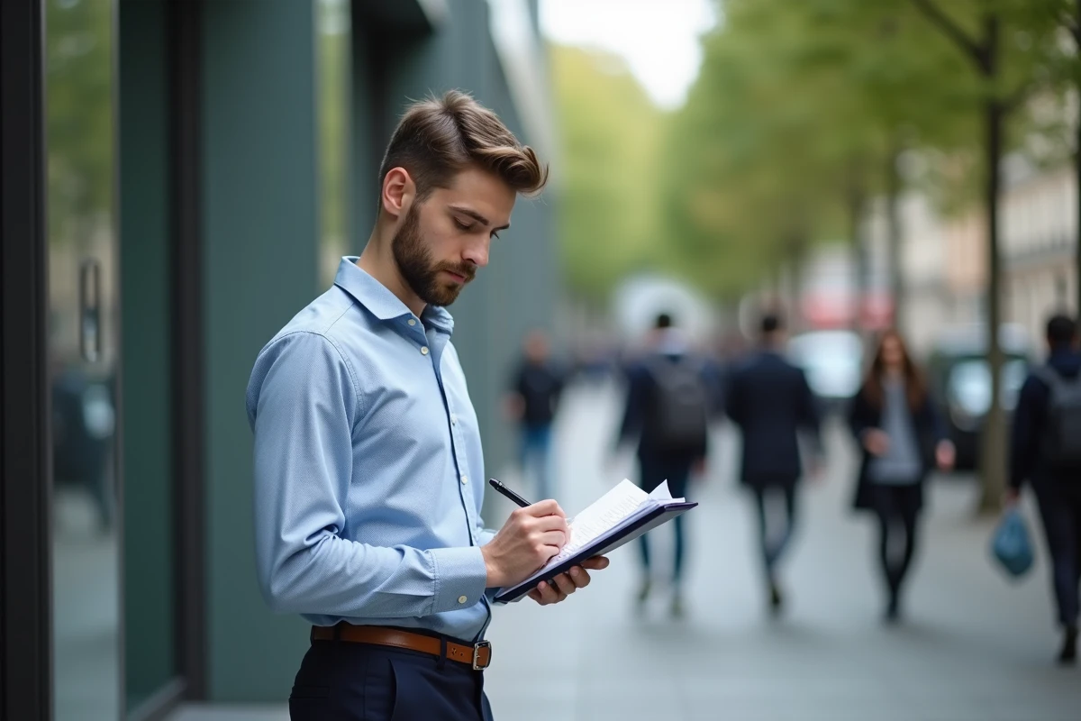 Jeune homme en extérieur à Paris préparant son CV et prenant des notes