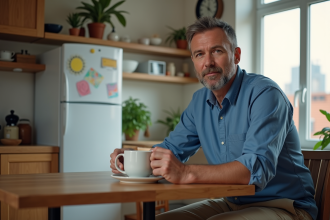 Homme d'âge moyen dans une cuisine urbaine contemplant sa tasse