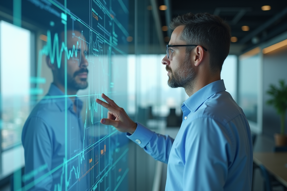 Homme analysant des graphiques financiers dans une salle de réunion