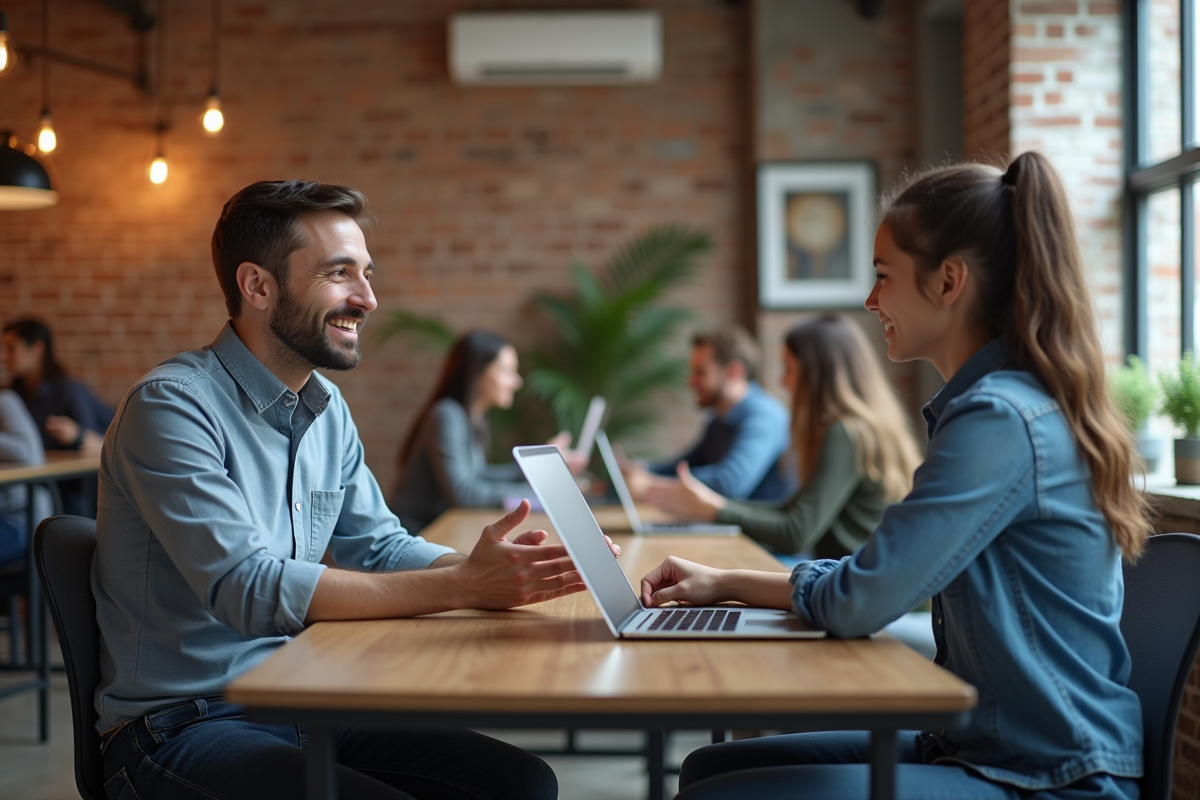 Homme discutant avec un stagiaire dans un espace de coworking