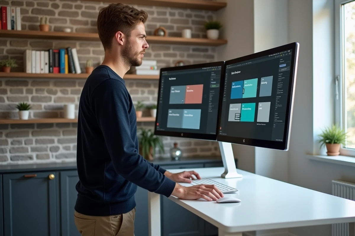 Homme créant des visuels professionnels sur Canva dans un bureau à domicile moderne avec des templates organisés