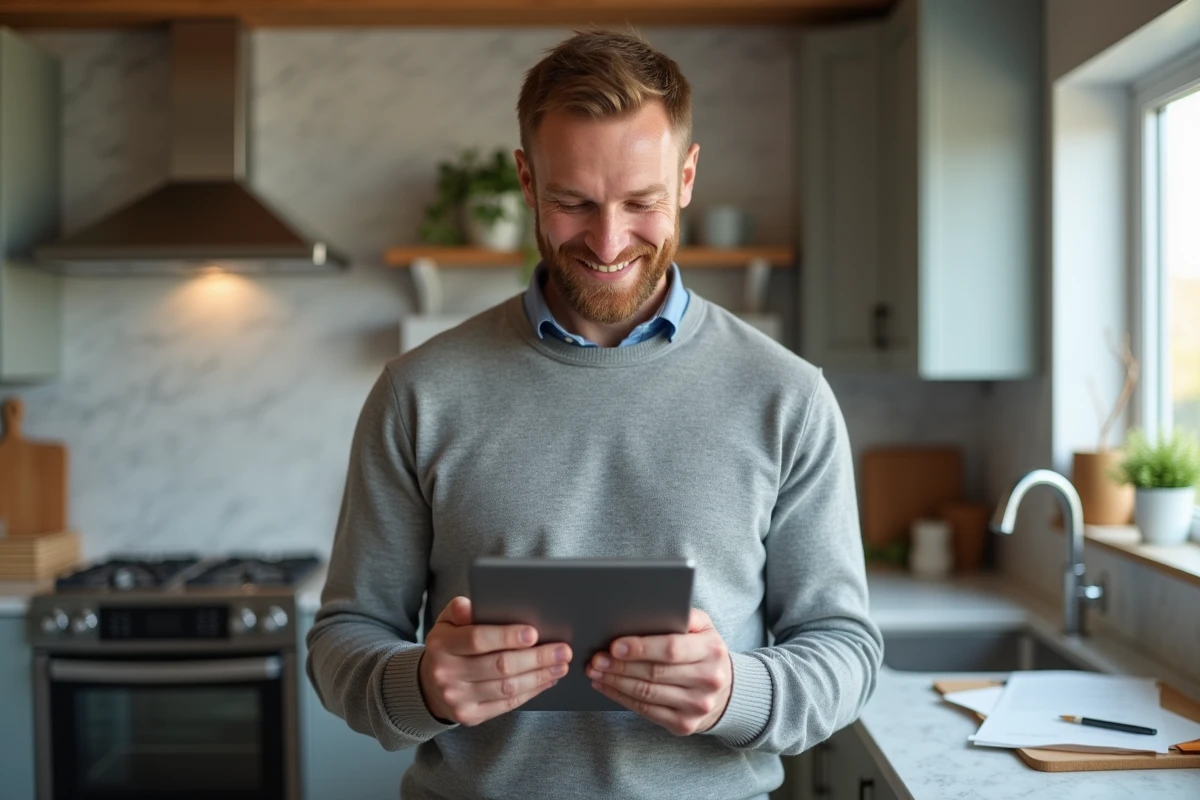 Homme en cuisine lisant une tablette avec sourire