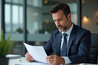 Homme d'affaires en costume examine un diplôme au bureau