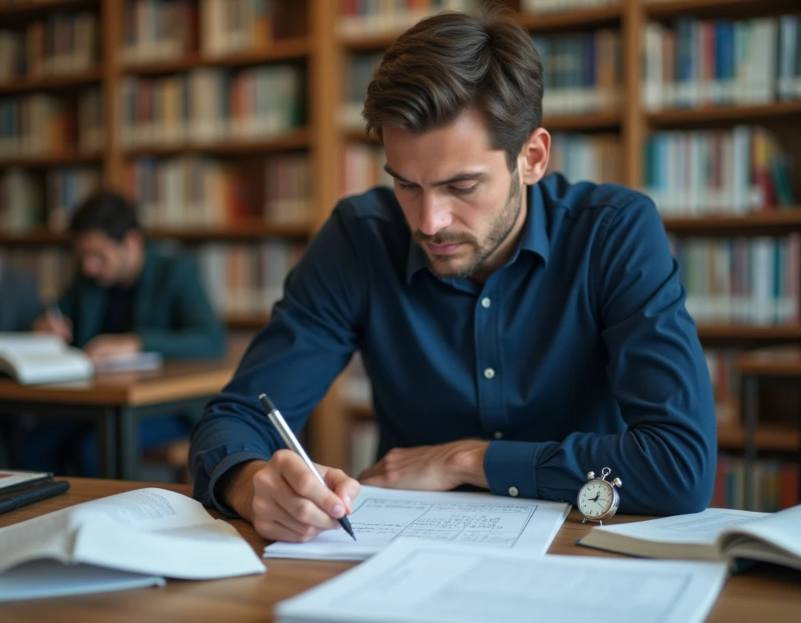 Homme en bibliothèque s'entraînant sur des exercices de logique et séries numériques pour préparer un concours