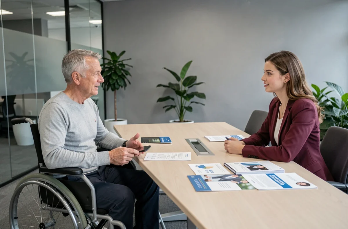 Homme en fauteuil roulant en rendez-vous avec une conseillère pour accéder à ses droits CPF en cas de handicap