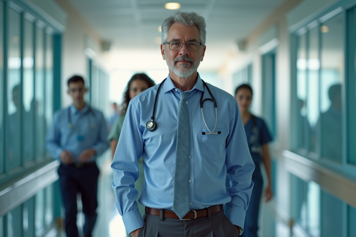 Médecin guidant un groupe dans un couloir d
