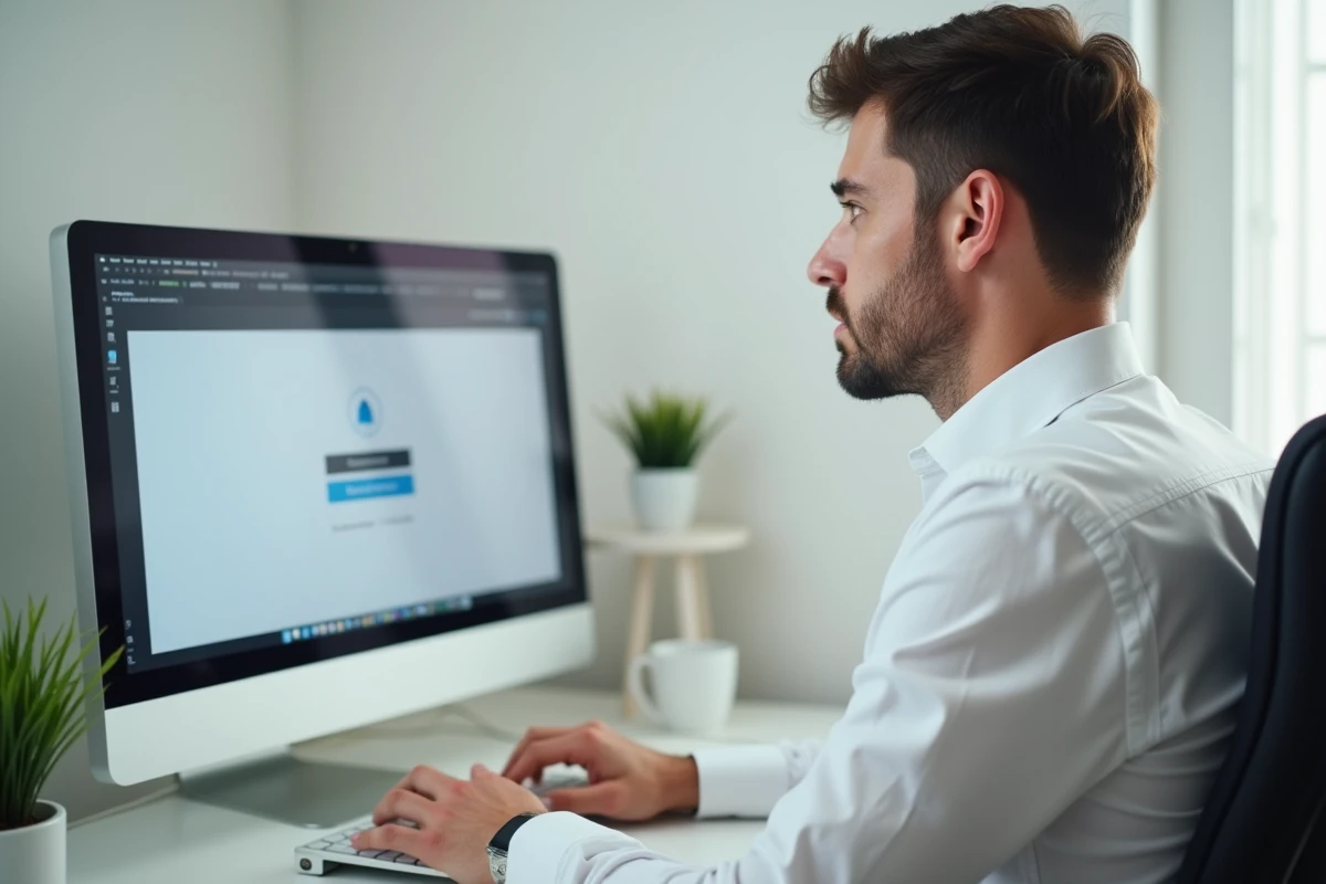 Homme en télétravail face à un formulaire de réinitialisation de mot de passe sur son ordinateur de bureau