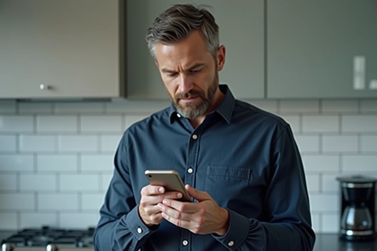 Homme vérifiant ses emails d'abonnement sur smartphone dans sa cuisine pour éviter les mauvaises surprises de facturation