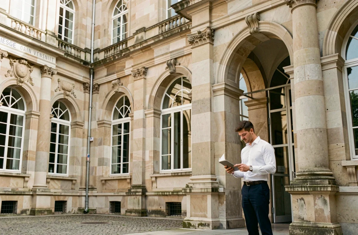 Étudiant devant la façade de l'IESEG School of Management sur le campus de Lille