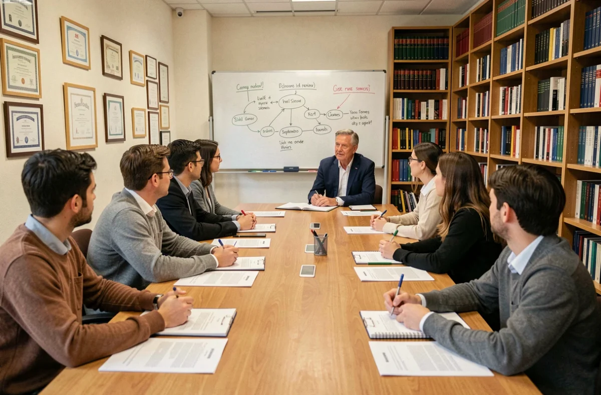 Séminaire universitaire à l'IGR-IAE Rennes avec un professeur animant une discussion autour d'une table de séminaire
