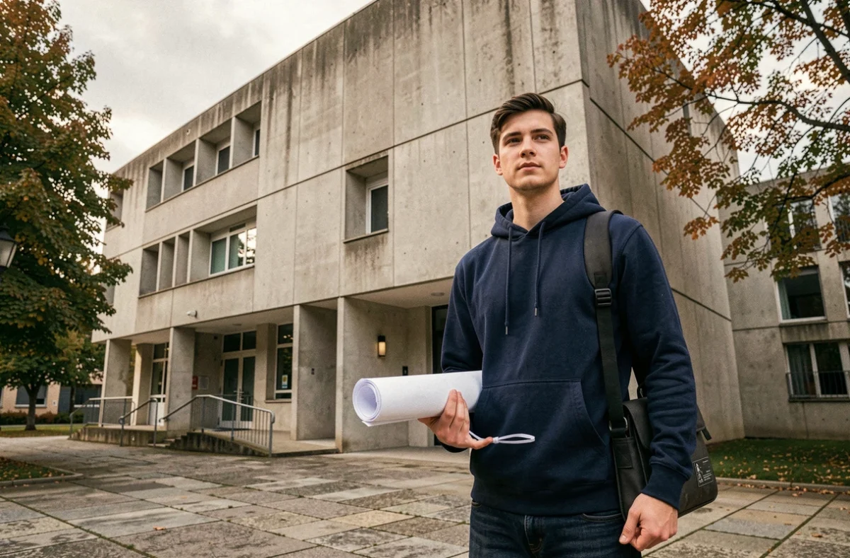 Étudiant en ingénierie devant le campus de l'INSA Lyon à Villeurbanne, grande école d'ingénieurs publique
