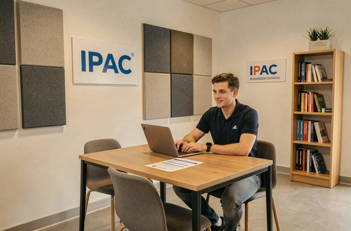 Étudiant installé dans l'espace d'accueil de l'IPAC Business School à Amiens