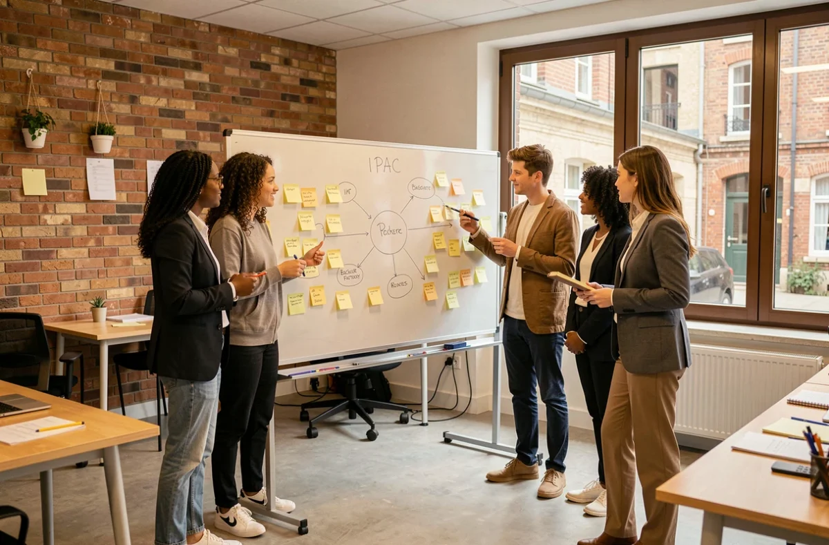 Atelier entrepreneuriat à l'IPAC Bachelor Factory Rennes avec des étudiants autour d'un tableau blanc