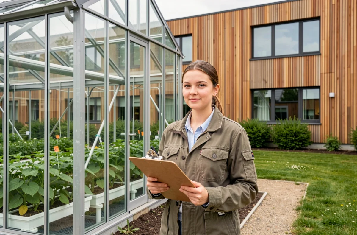 Étudiante en agro-commerce devant les serres de recherche de l'ISA Lille