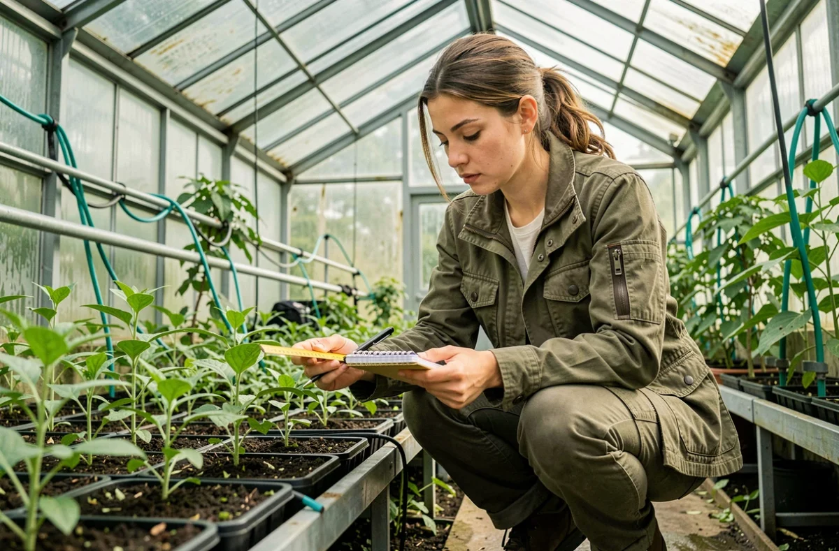 Étudiante de l'ISARA Lyon effectuant des relevés agronomiques dans une serre de recherche, école d'ingénieurs en agriculture et alimentation