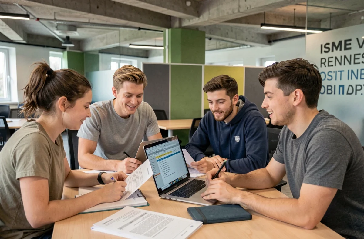 Groupe d'étudiants de l'ISME Rennes collaborant sur un projet dans un espace de travail moderne