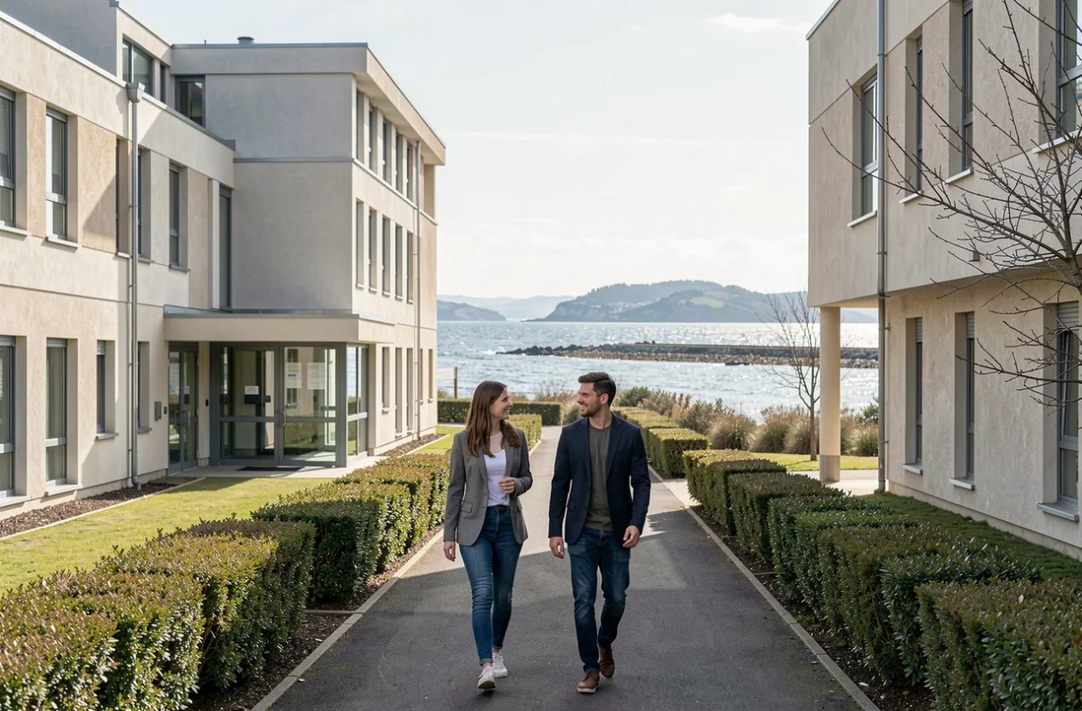 Étudiants de l'ISME Vannes marchant sur le campus avec la côte bretonne en arrière-plan
