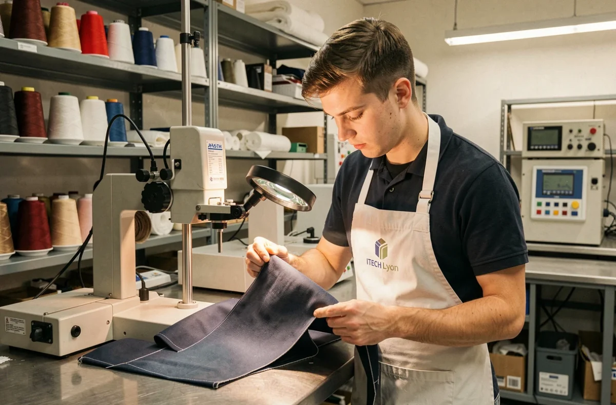 Étudiant de l'ITECH Lyon analysant un matériau textile dans un laboratoire de science des matériaux, école d'ingénieurs en cuir et matériaux innovants