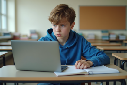 Jeune adolescent seul dans une classe moderne avec ordinateur portable