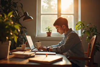 Jeune adulte étudiant au bureau avec livres et café