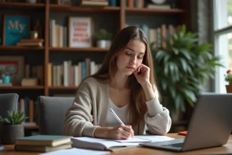 Étudiante en espagnol à son bureau studieux