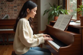 Jeune femme apprenant le piano en jouant des morceaux pop sur un piano droit dans un salon chaleureux