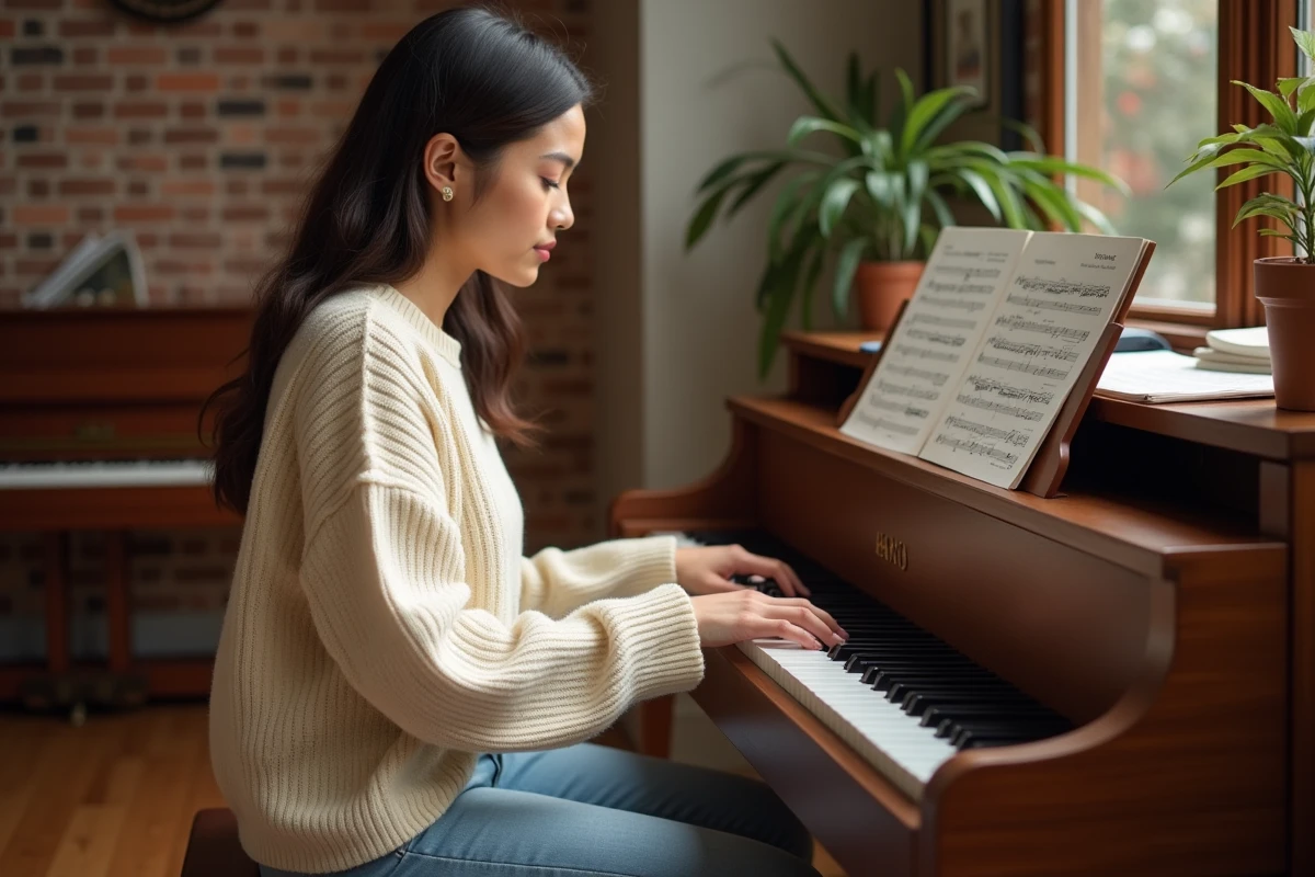 Jeune femme apprenant le piano en jouant des morceaux pop sur un piano droit dans un salon chaleureux