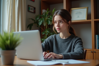 Jeune femme concentrée sur son ordinateur en home office