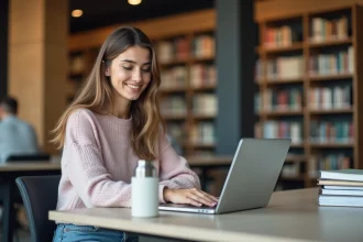 Jeune femme concentrée sur son ordinateur dans une bibliothèque universitaire