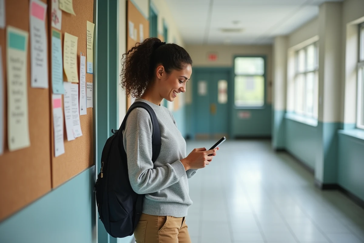 Étudiante souriante utilisant son smartphone près d’un panneau d’affichage universitaire