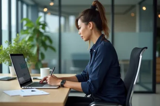 Femme professionnelle concentrée sur son ordinateur dans un bureau moderne