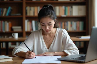 Jeune femme concentrée remplissant une table de conjugaison espagnole