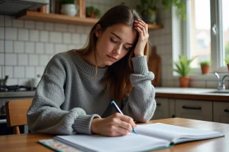 Jeune femme concentrée à remplir une fiche d'espagnol dans la cuisine